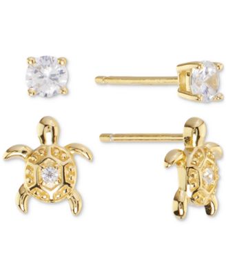 Macy's - 2-Pc. Set Cubic Zirconia Turtle & Solitaire Stud Earrings in Sterling Silver
