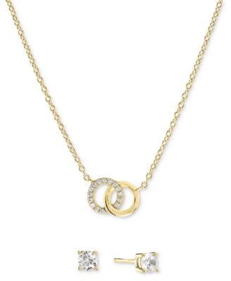 Macy's - 2-Pc. Set Cubic Zirconia Interlocking Rings Pendant Necklace & Solitaire Stud Earrings in Sterling Silver