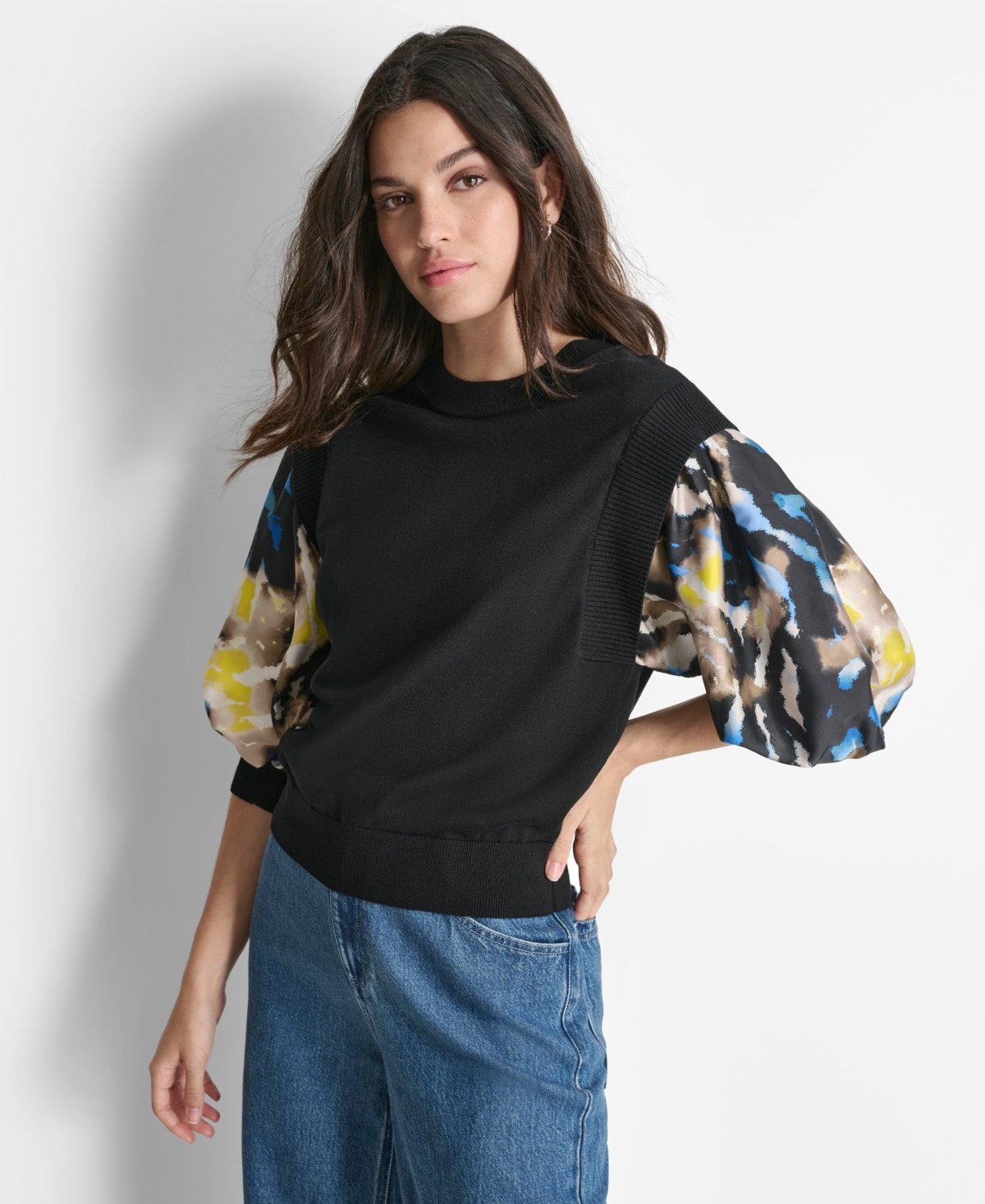 Dkny Women's Contrast Balloon-Sleeve Knit Top -abstract Tiger