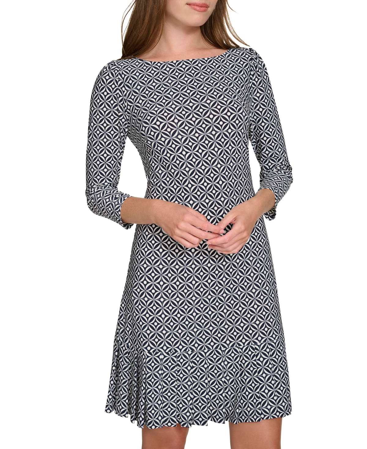 Tommy Hilfiger Women's Printed Pleated-Hem Shift Dress -Cream