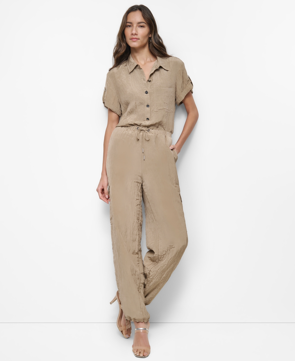 Dkny Women's Tie-Waist High-Rise Crinkle Cargo Joggers