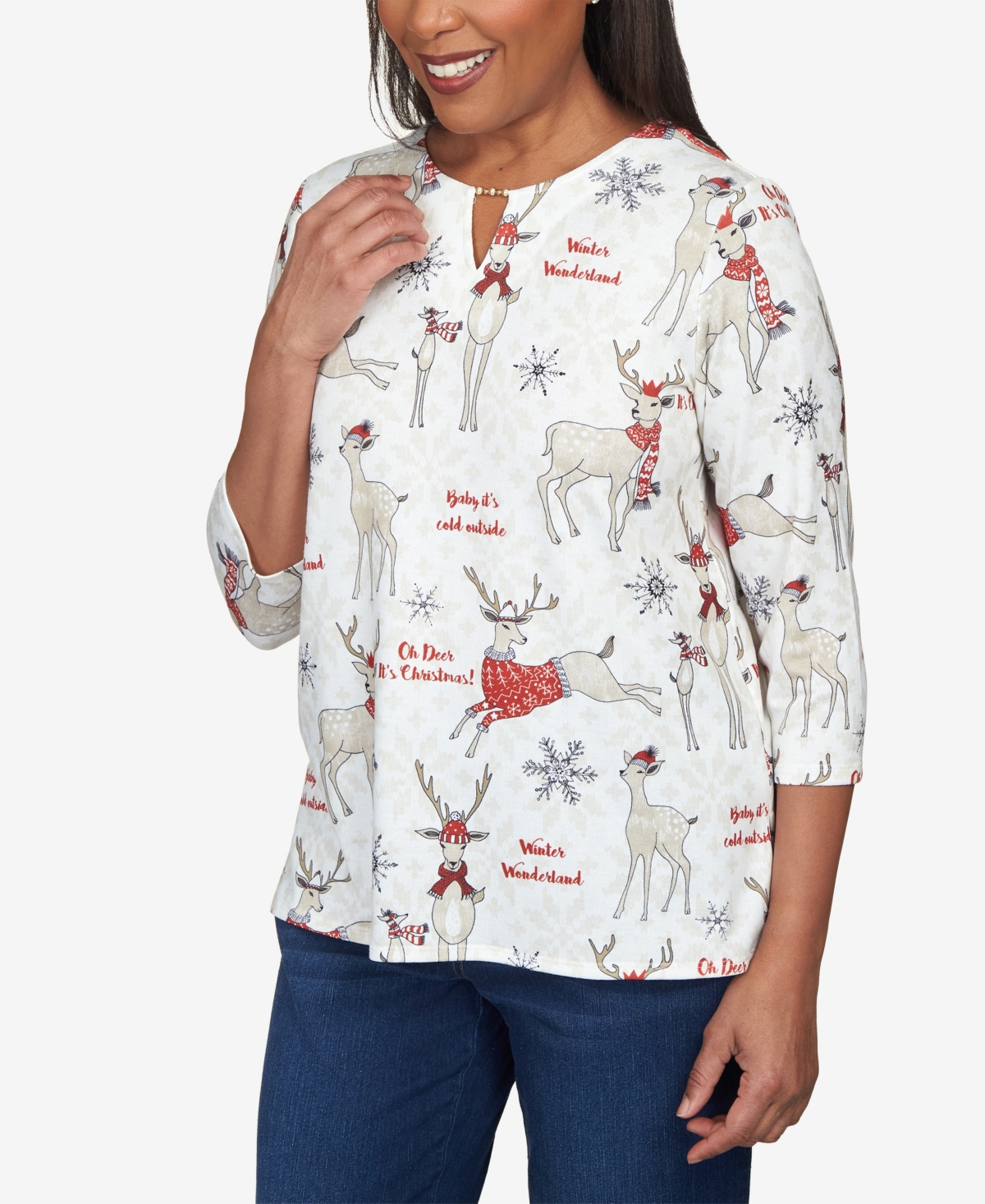 Alfred Dunner Women's Classics Oh Deer Split Neck Top In Neutral Multi