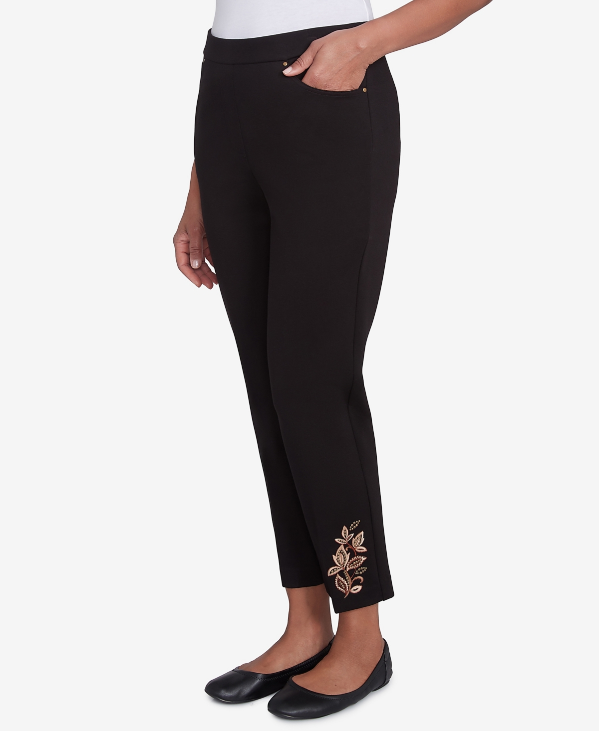 Alfred Dunner Petite Rue Rivoli Embroidered Leaf Flat Elastic Waist Short Length Ponte Pants In Black