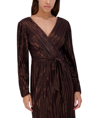 Women's Metallic Pleated Faux-Wrap Maxi Dress