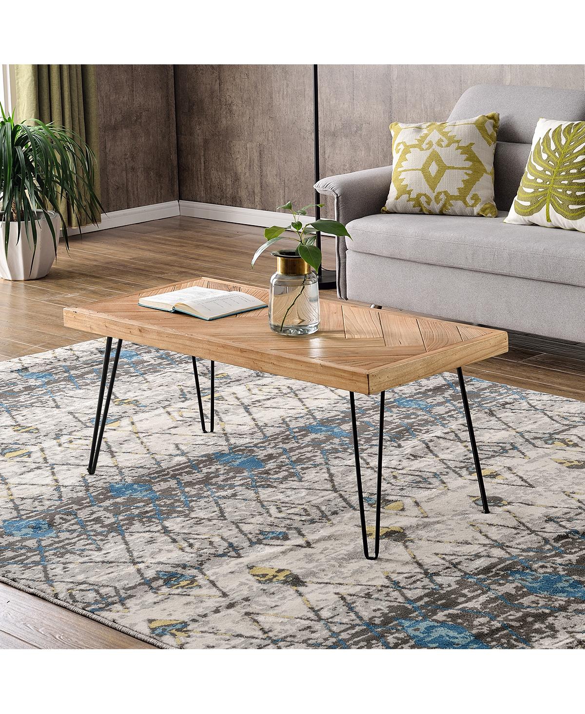 Slickblue Modern Coffee Table with Chevron Pattern - Easy Assembly Tea and Cocktail Table with Metal Hairpin Legs, Ash Wood Finish for Living Room - N
