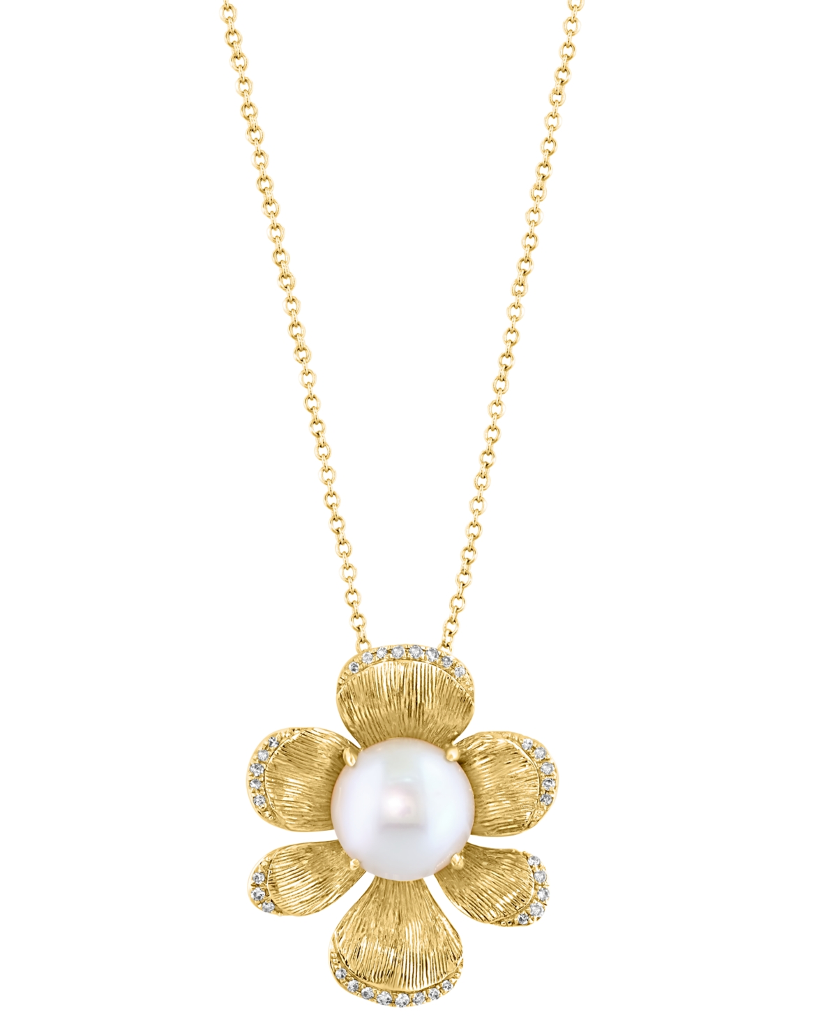 Shop Effy Collection Cultured Freshwater Pearl (9.5mm) & Diamond Flower Pendant Necklace (1/6 Ct. T.w.) In 14k Yellow Gol In Gold