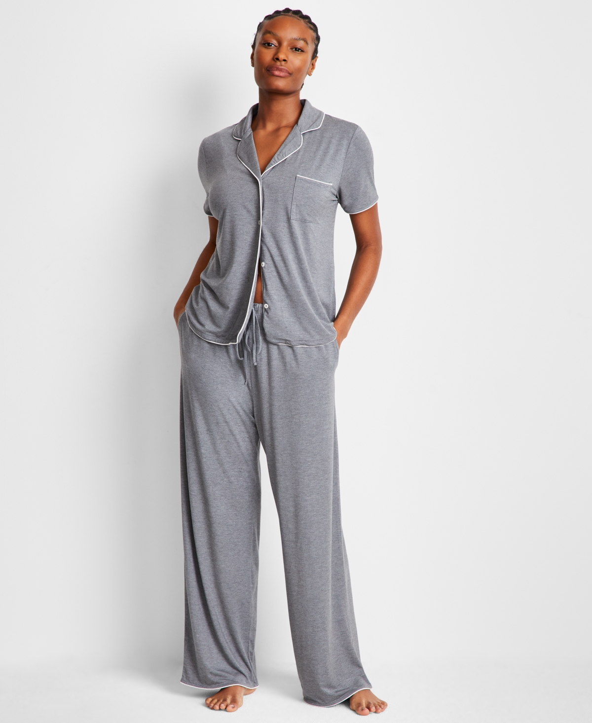 State Of Day Women's Fluid Knit Notched Pajama Set, Exclusively At Macy's In Pewter Heather