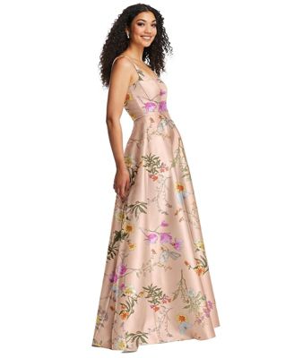 Women's Boned Corset Closed-Back Floral Satin Gown with Full Skirt