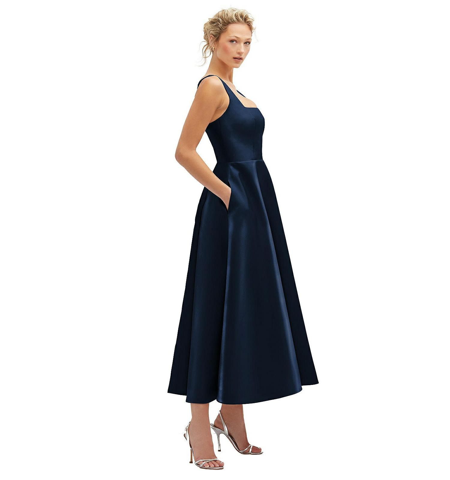 Women's Square Neck Satin Midi Dress with Full Skirt and Pockets