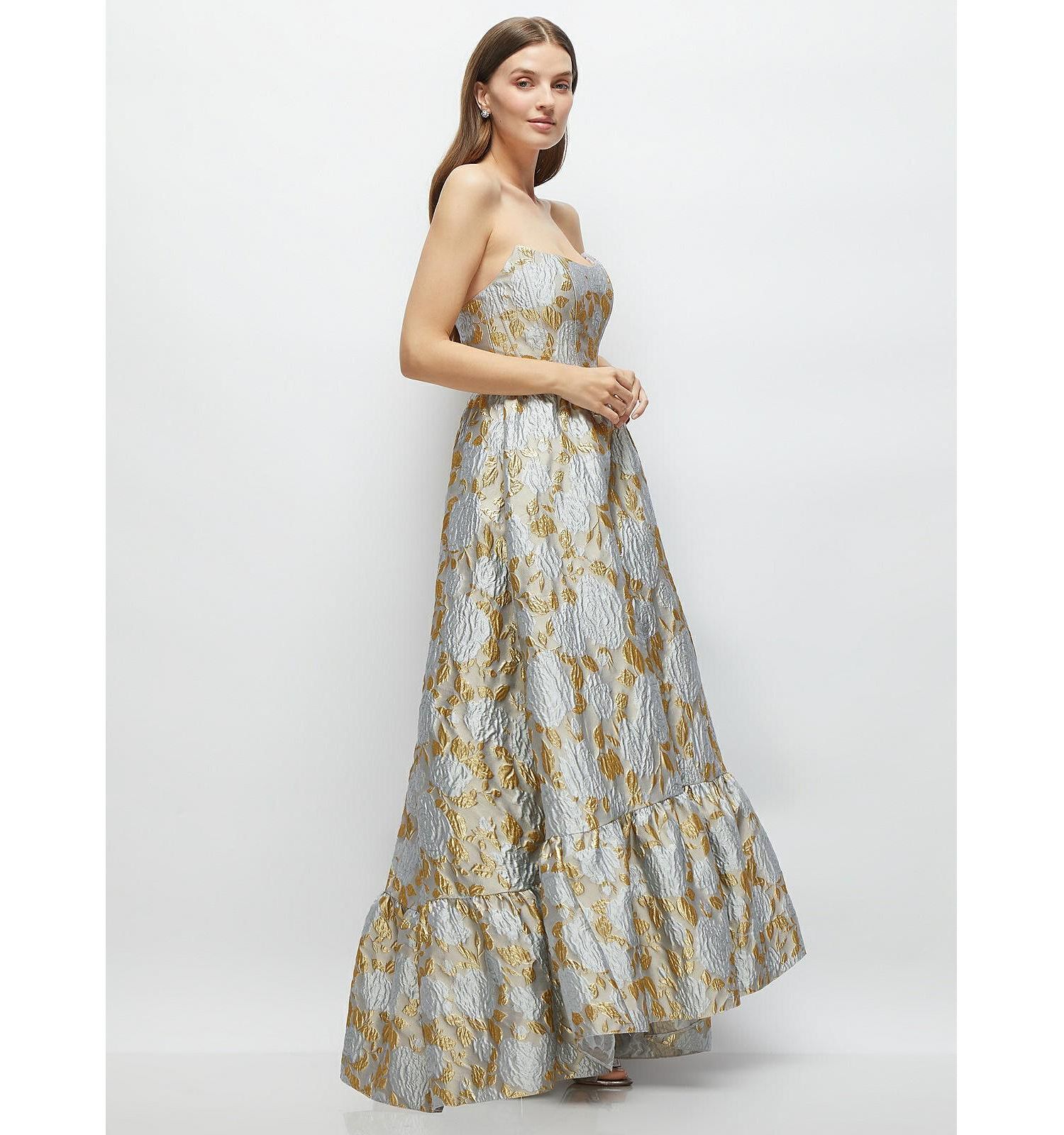 Women's Strapless Cat-Eye Boned Bodice Brocade High-Low Dress