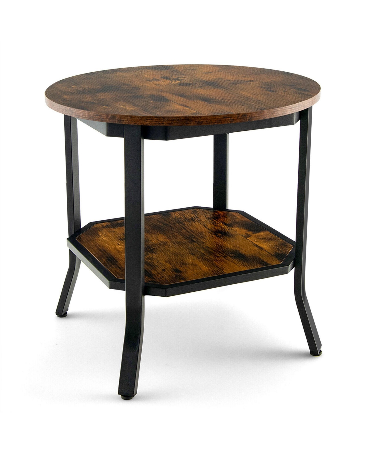 Gymax 2-Tier Sofa End Side Table Nightstand Round Tabletop for Living Room - Rustic brown + black