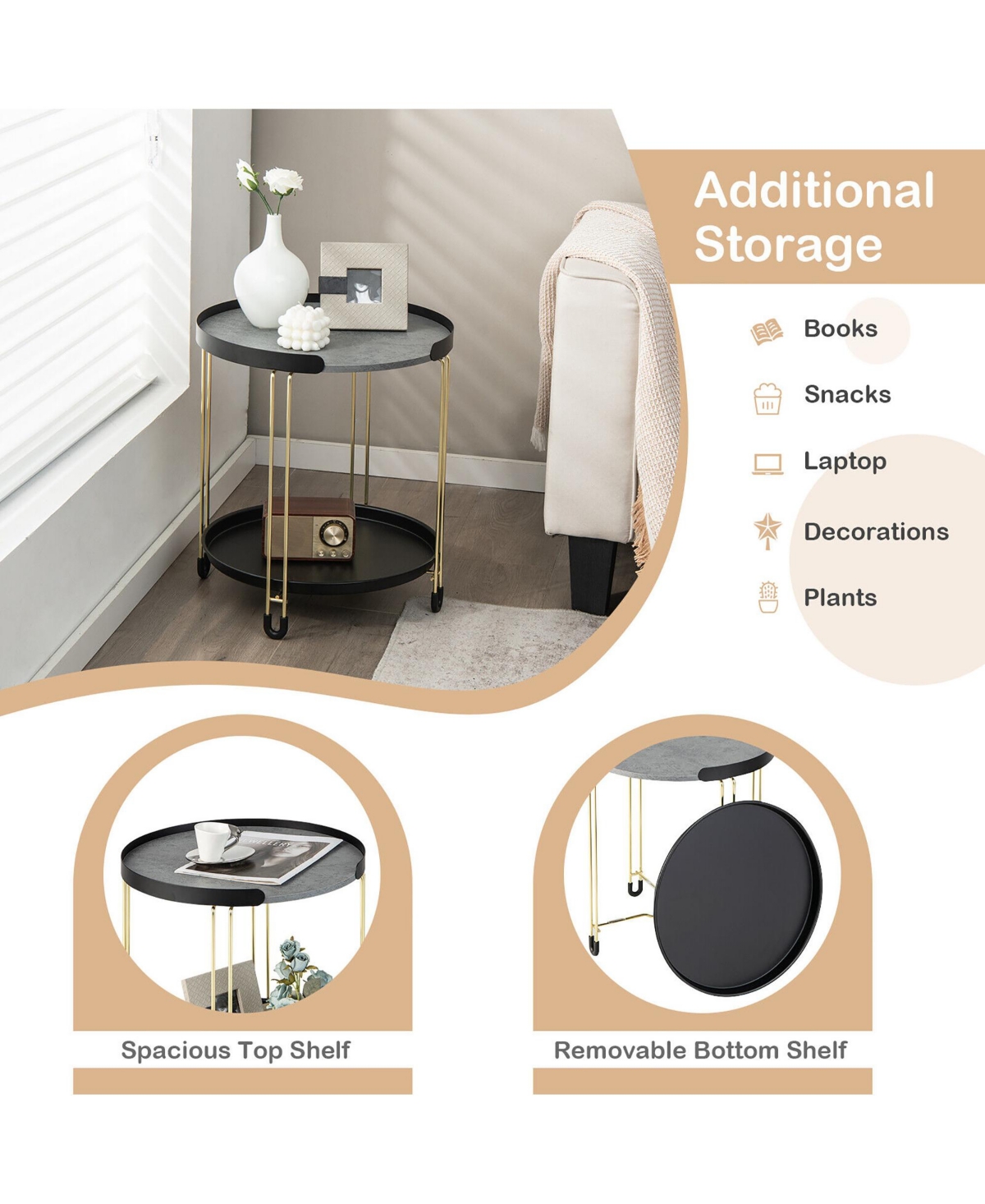 Gymax 2PCS 2-Tier Side End Table Round Nightstand Gold Frame for Living Room - Black + gold + grey