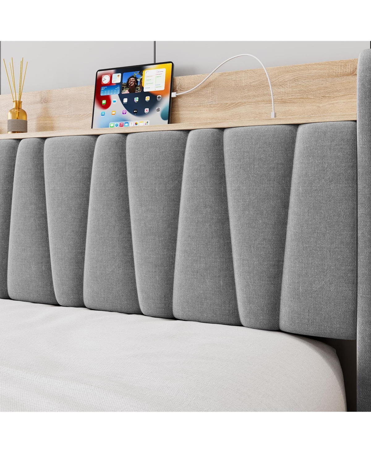 gaomon Full Size Bed Frame with 2 Storage Drawers, Upholstered Mattress Foundation with Storage Headboard and Charging Station -pastel Grey