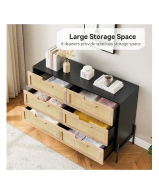 1-Pc 6-Drawer Dresser Wood Rattan Front Metal Legs Spacious Storage Chest