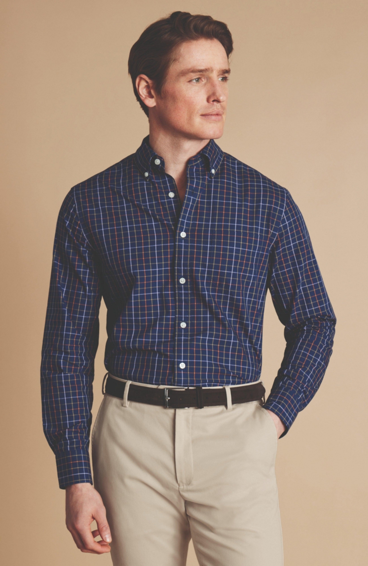 Men's Slim Fit Plaid Check Non-Iron Stretch Poplin Shirt - Ocean blue