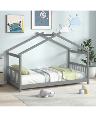 Twin Size Wooden House Bed with Roof