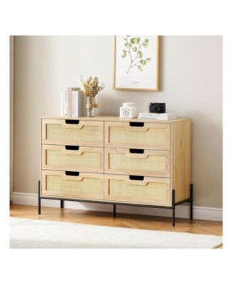 6 Drawers Wood Natural Rattan Drawer With Spacious Storage Dresser