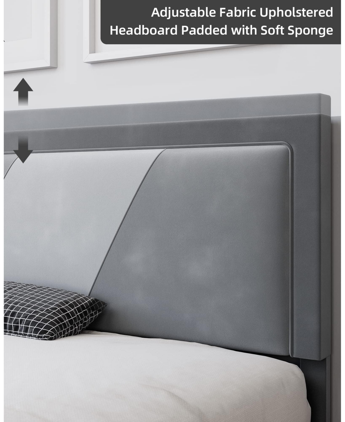 gaomon Queen Size Bed Frame, with Adjustable Height Headboard, with Strong Wooden Slats