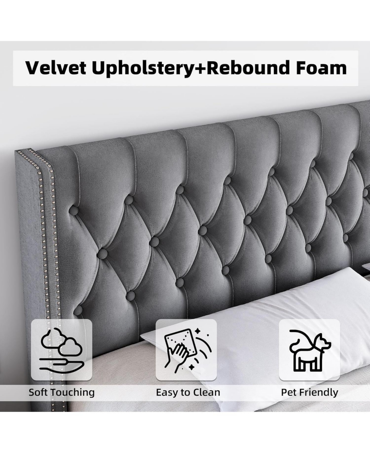 gaomon Size Bed Frame with Headboard, Modern Bed Frame, Deep Button Tufted Headboard with Wingback