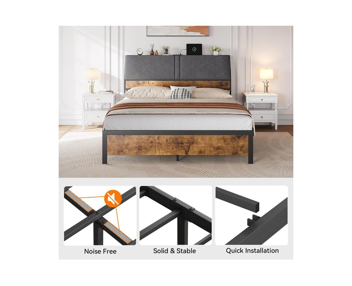 gaomon Size Bed Frame with Ergonomic Headboard and Charging Station, Upholstered Platform Bed, Metal Industrial Bed Frame with Storage, No Box S