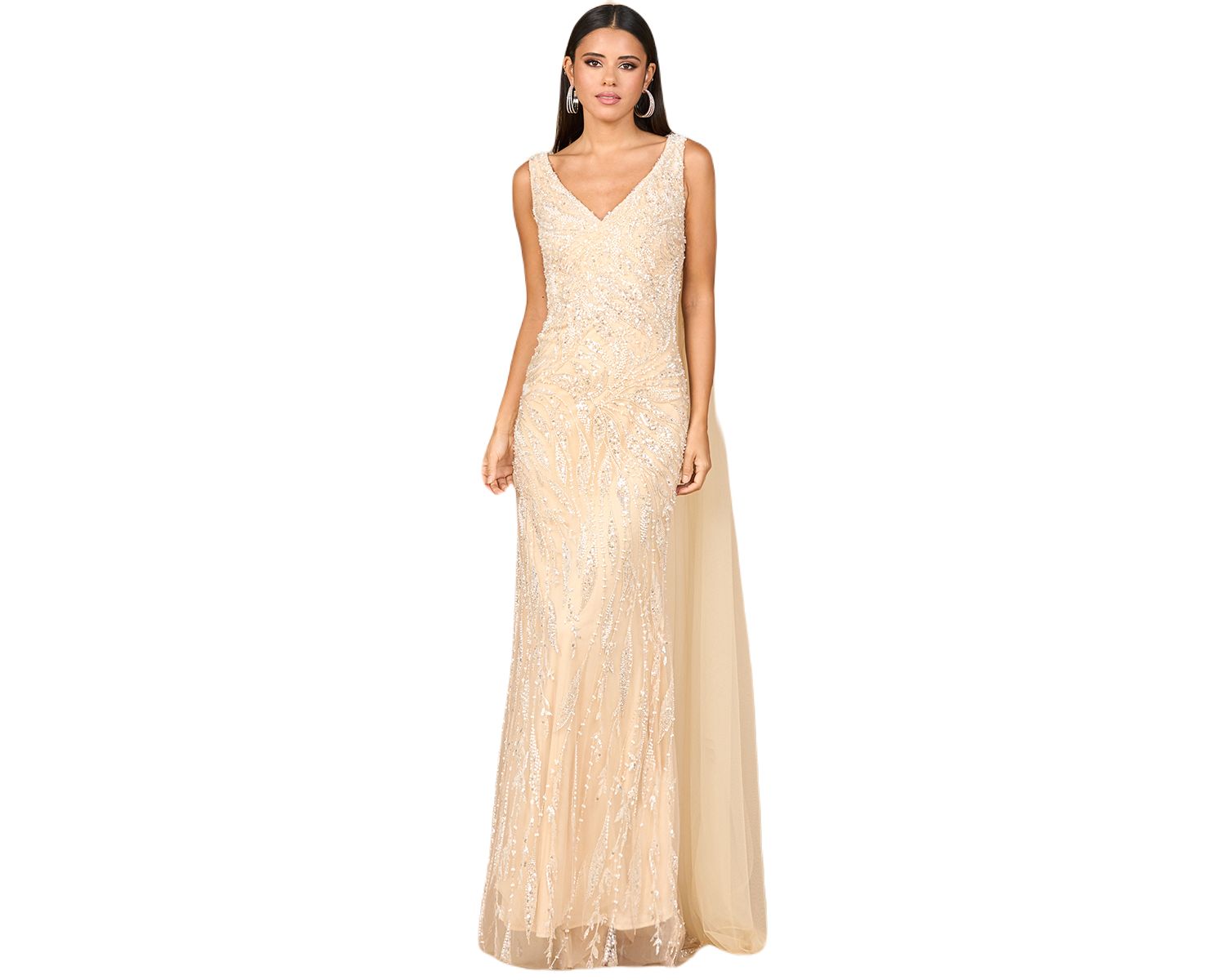 Women's V - Neck Gown with Long Cape Sleeves