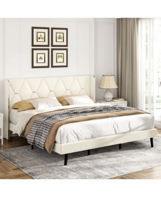 Full Bed Frame, Velvet Platform Full Bed with Wingback Headboard, Upholstered Bed Frame, Solid Wooden Slats Support