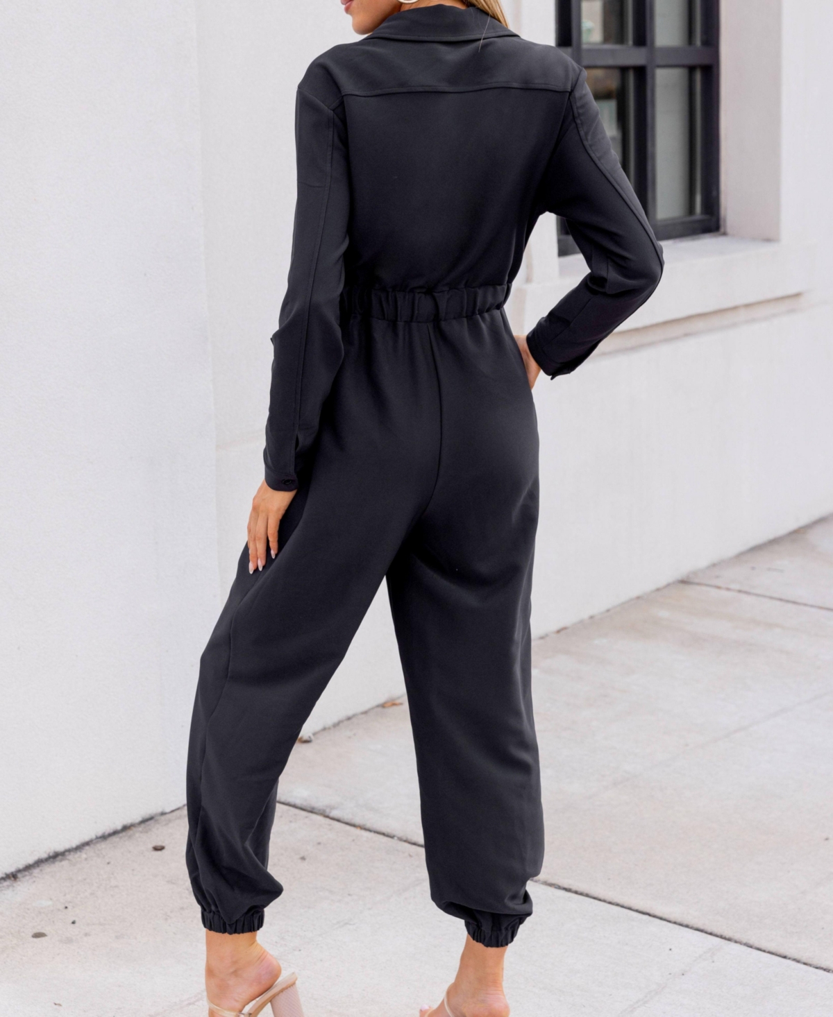Cupshe Women'sCollared Front Zipper Tapered Leg Jumpsuit - Black