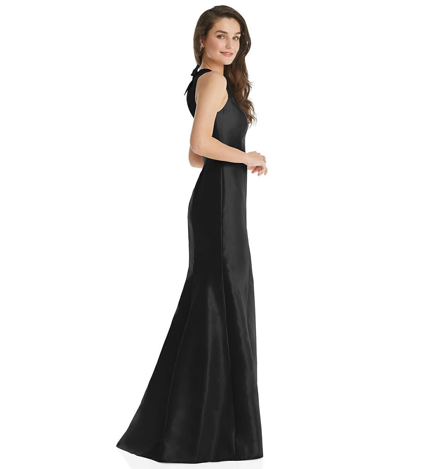 Womens Jewel Neck Bowed Open-Back Trumpet Dress with Front Slit