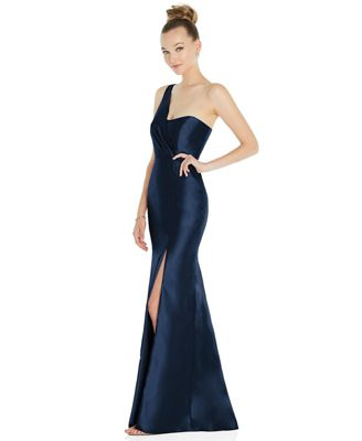 Draped One-Shoulder Satin Trumpet Gown with Front Slit