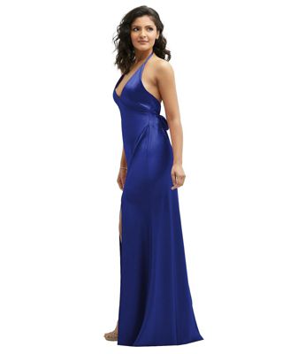 Plunge Halter Open-Back Maxi Bias Dress with Low Tie Back