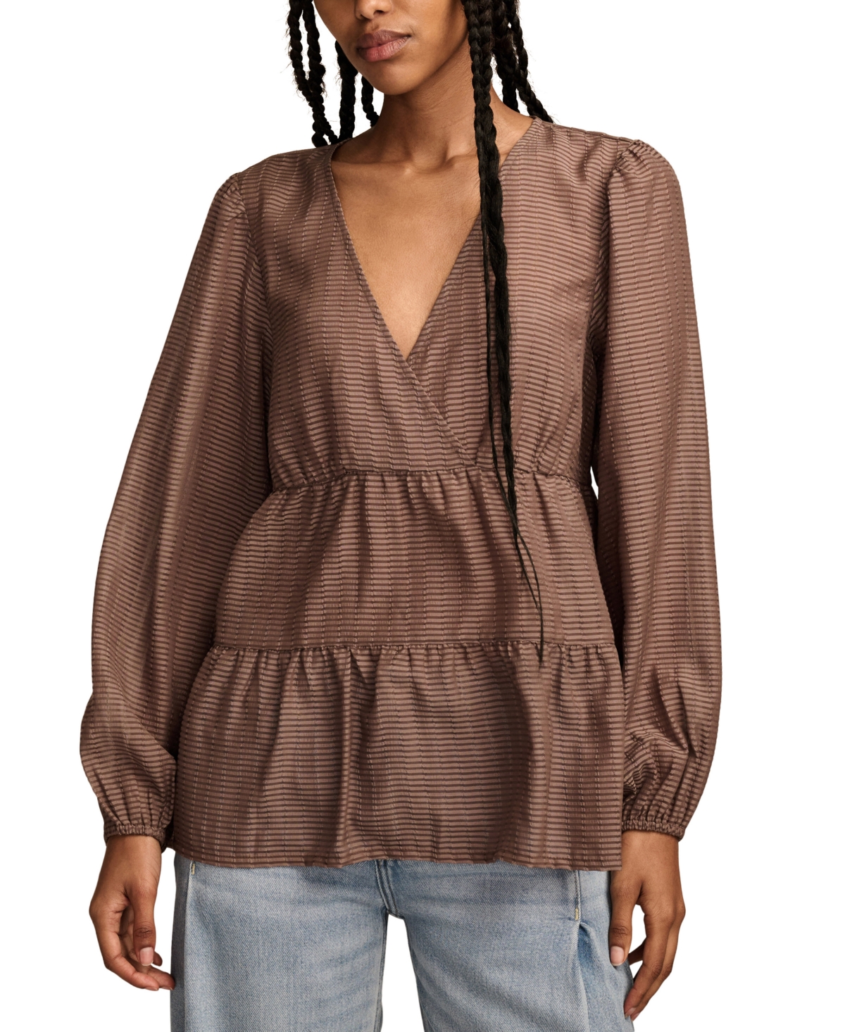 Lucky Brand Stripe Surplice Neck Tiered Top In Deep Taupe