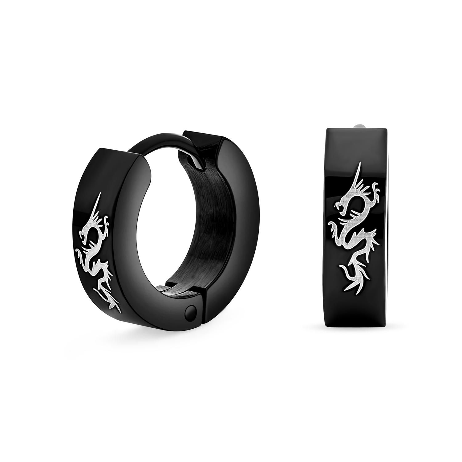 Asian Dragon Mini Hoop Huggie Earrings Silver Tone Stainless Steel