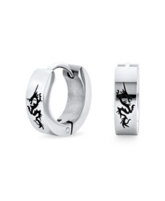 Bling Jewelry Mens Dragon Hoop Huggie Earrings Laser Gold Tone Stainless Steel - Silver tone