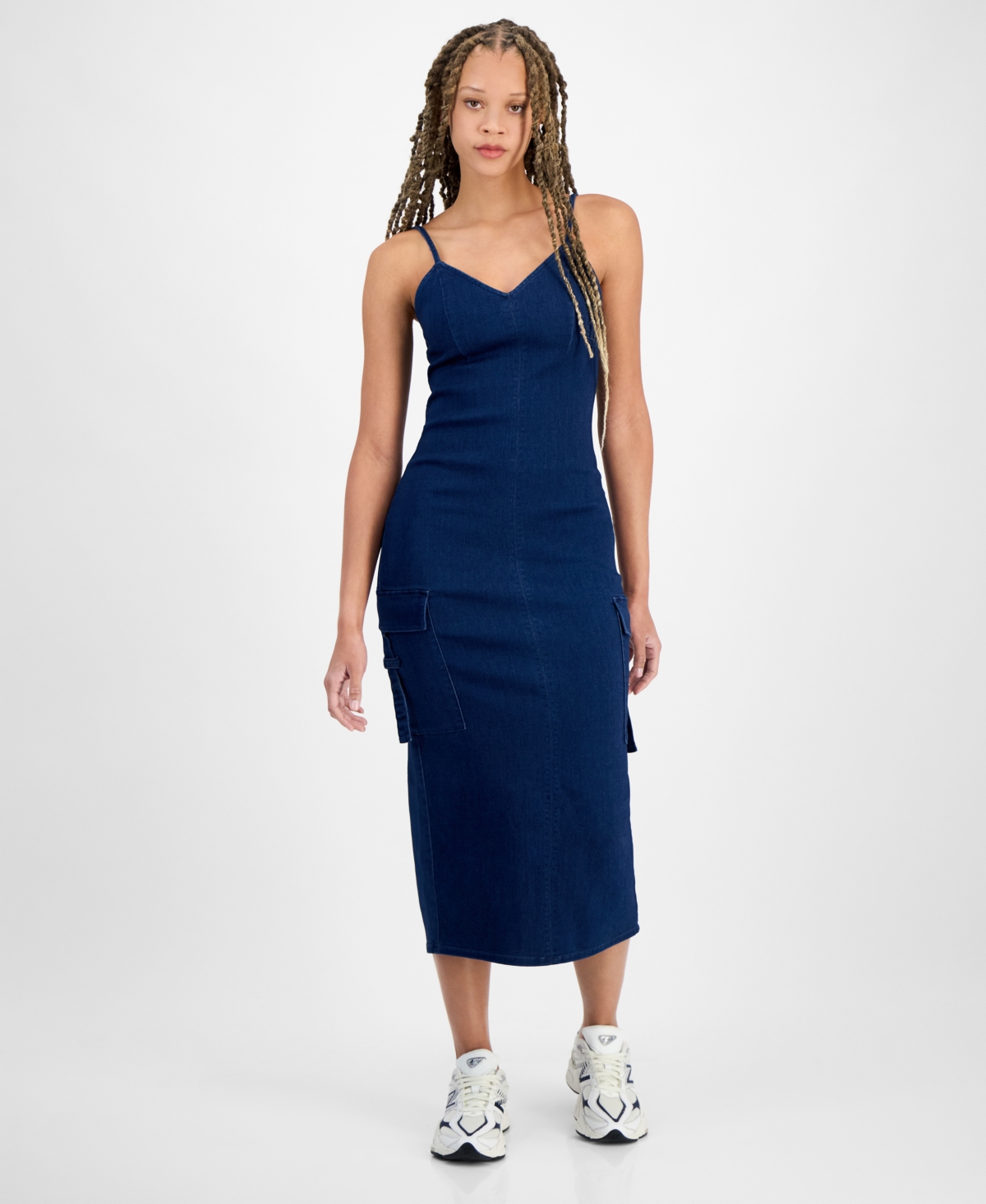 Juniors' Sleeveless Cargo Bodycon Dress - Dark Wash