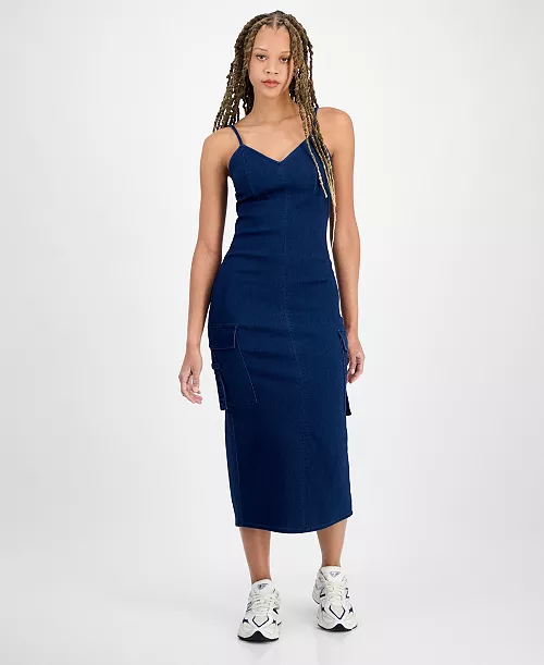 juniors' sleeveless cargo bodycon dress