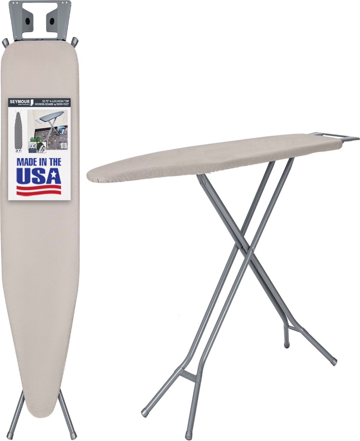 Seymour Home Products Adjustable Height, 4 Leg Ironing Board with Mesh Top and Iron Rest