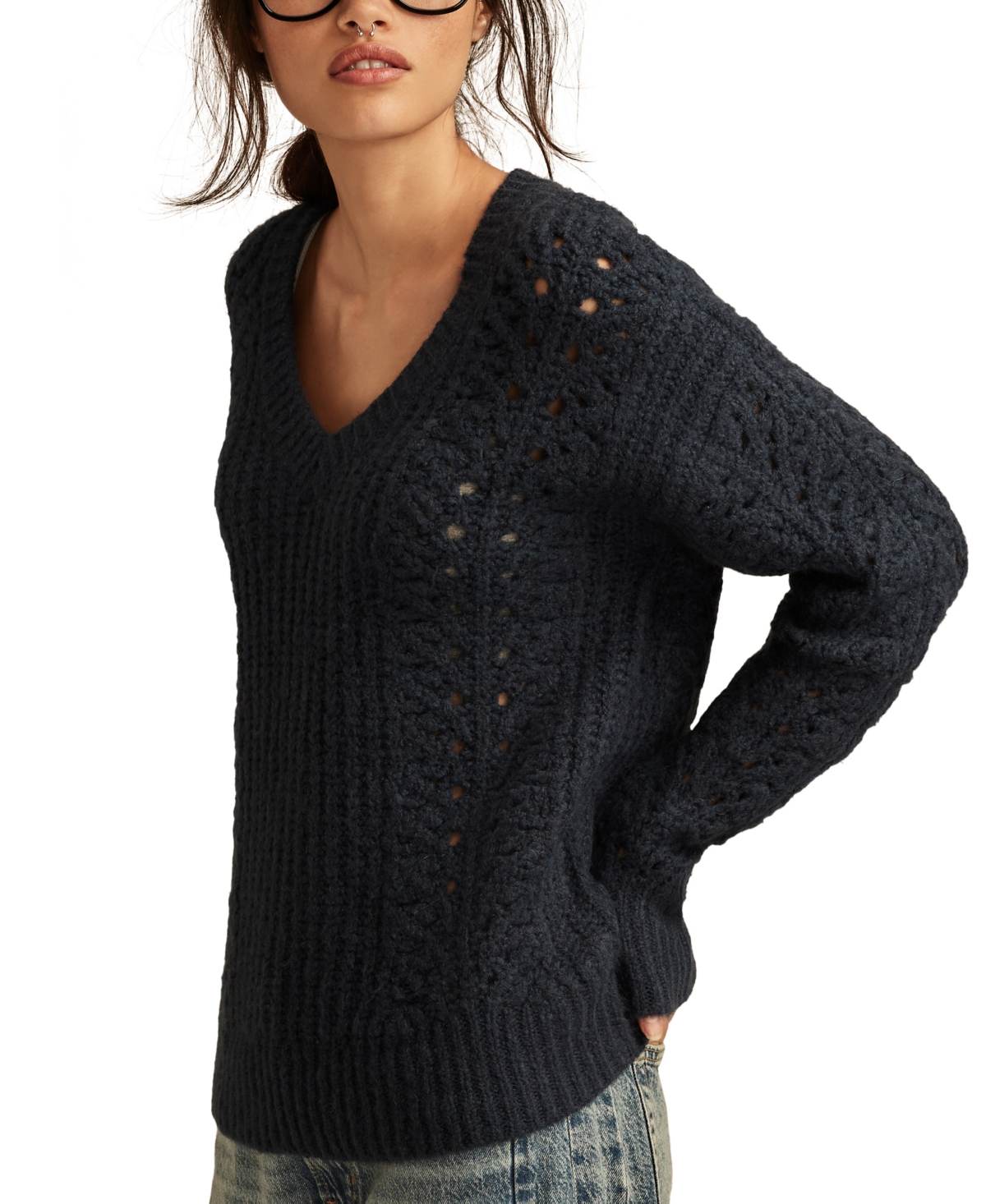 Lucky Brand Women's V-Neck Pointelle Cable Pullover