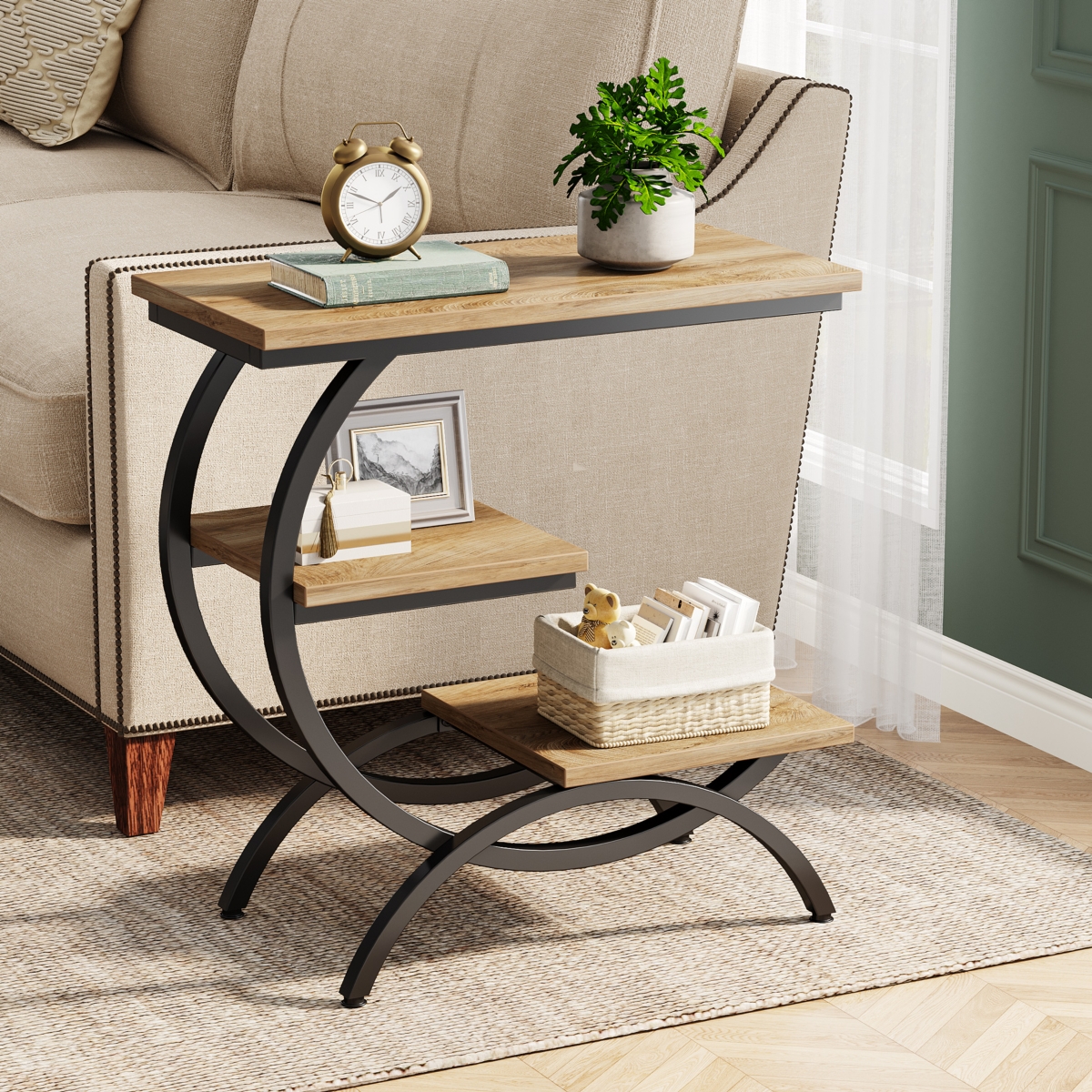Tribesigns 3-Tier Side Table with Storage Shelves Set of 2,Wood C-Shaped End Table for Living Room Space - brown