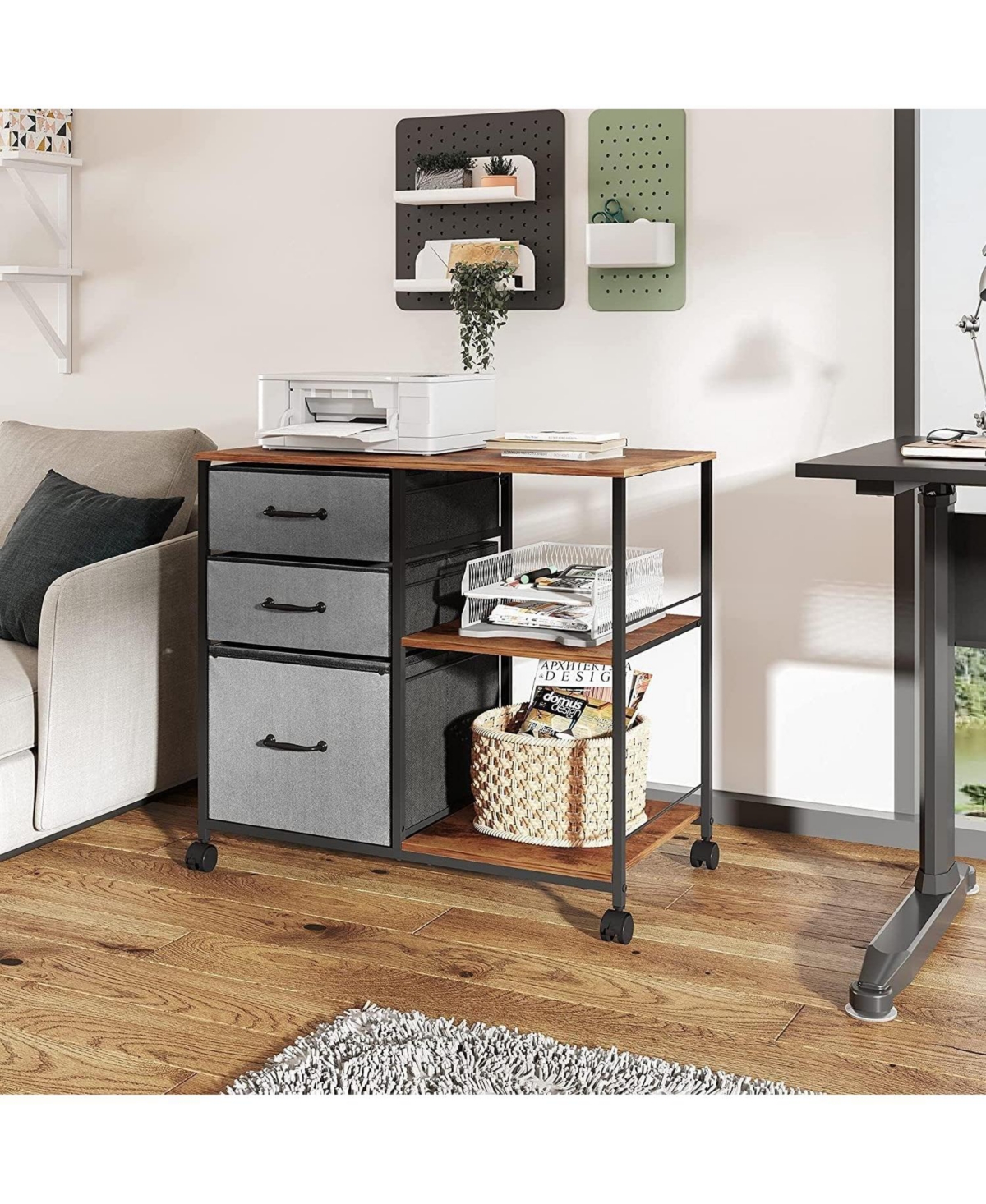 Devaise 3 Drawer Mobile File Cabinet, Rolling Printer Stand with Open Storage Shelf, Fabric Lateral Filing Cabinet fits A4 or Letter Home Off