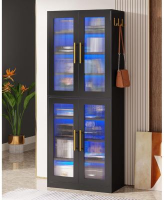 Bookcase with Doors and LED Light, 67-inch Tall  Bookshelf with 8-Tier Adjustable Shelves and Hanging Hooks, Freestanding Storage Cabinet