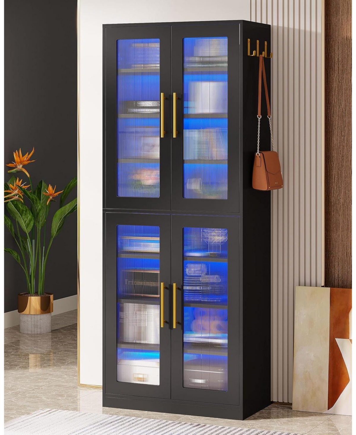 Tribesigns Bookcase with Doors and Led Light, 67-inch Tall Bookshelf 8-Tier Adjustable Shelves Hanging Hooks, Freestanding Storage Cabinet