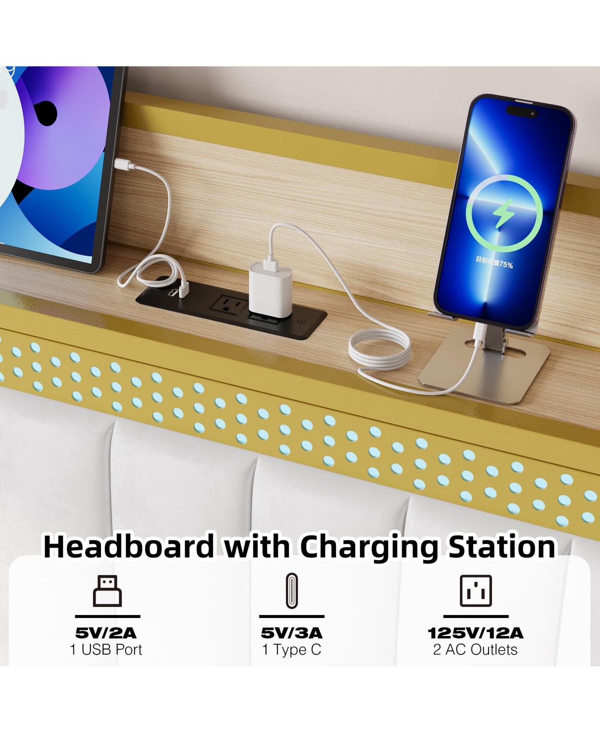 gaomon Size Bed Frame with Storage Headboard and Charging Station