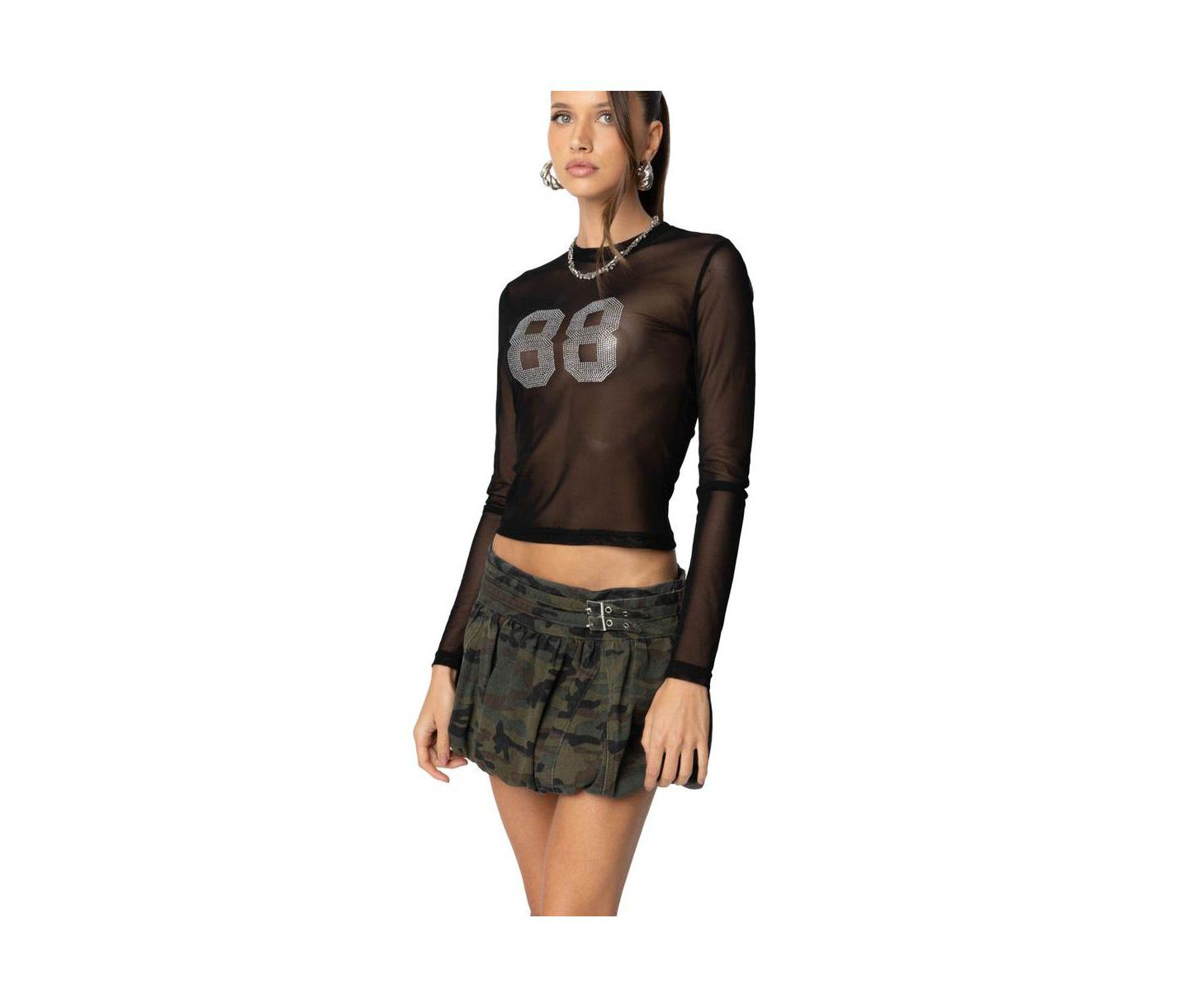 Женский топ Edikted 88 Rhinestone Sheer Mesh, цвет: Чёрный — фото 2