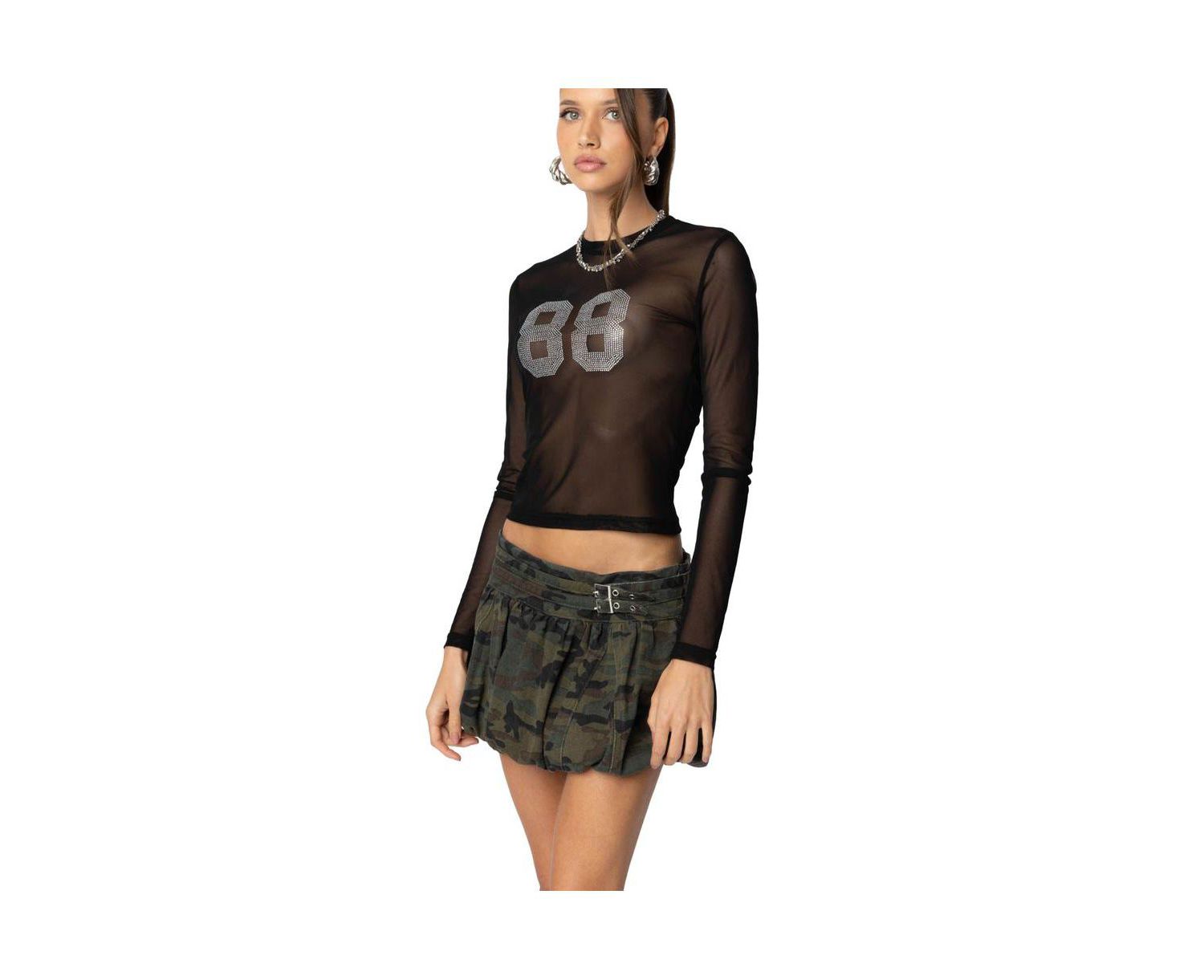 Women's 88 Rhinestone Sheer Mesh Top