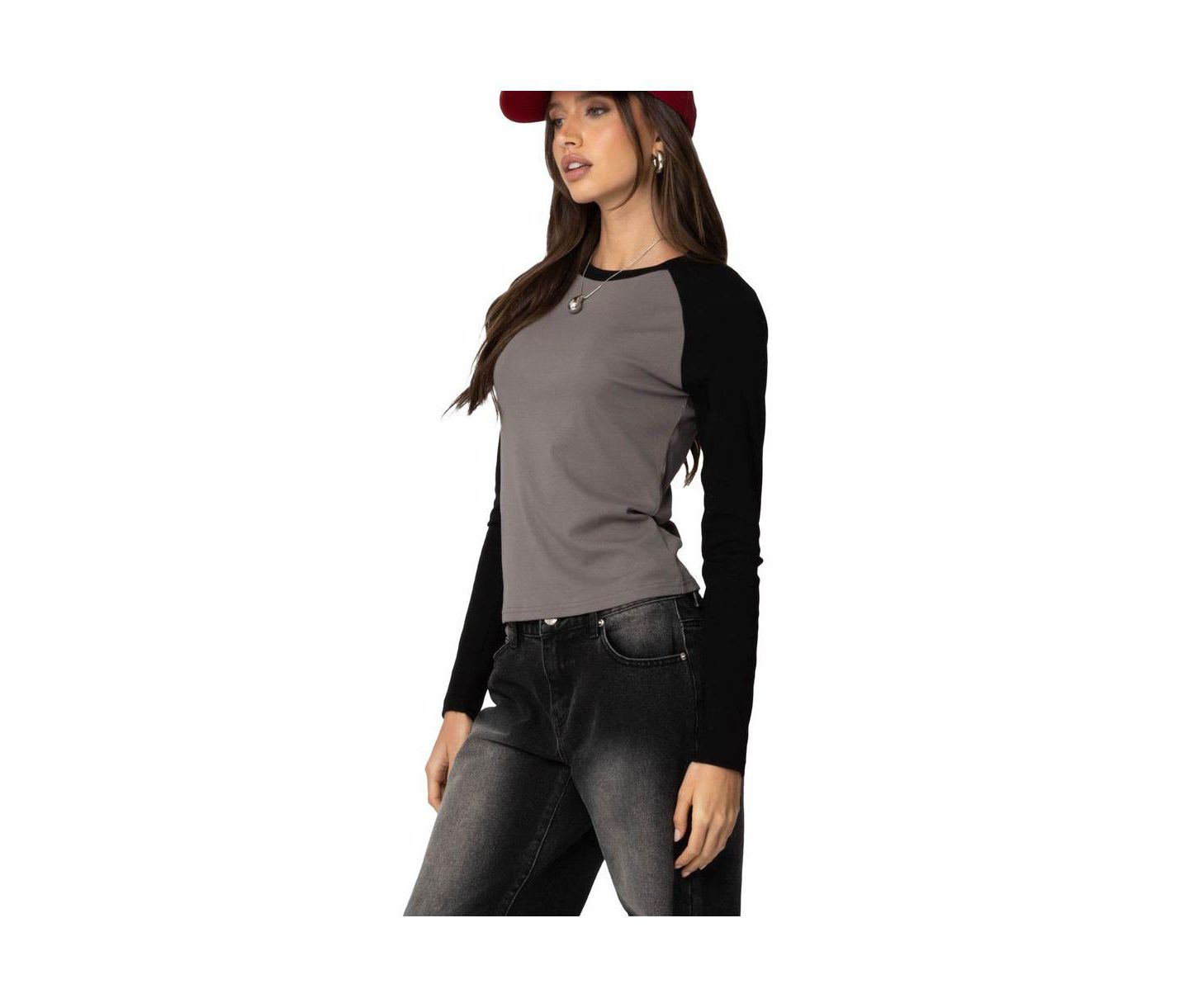 Женская футболка Edikted Tommi Raglan Long Sleeve T, цвет: Серый чёрный — фото 2