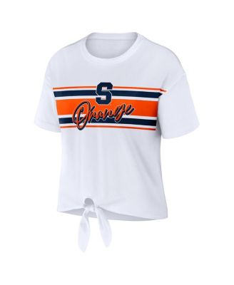 Women's White Syracuse Orange Striped Front Knot Cropped T-Shirt