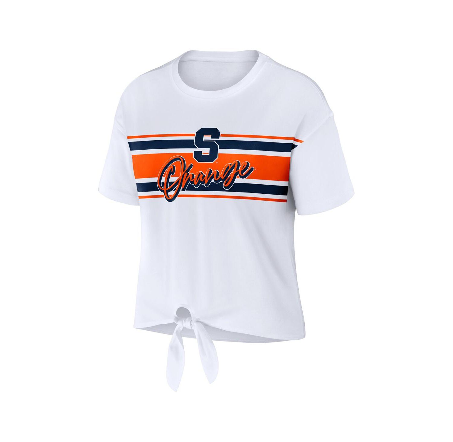 Women's White Syracuse Orange Striped Front Knot Cropped T-Shirt