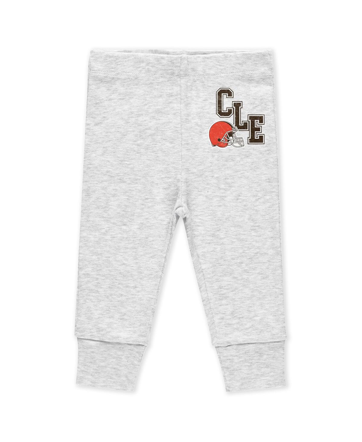 Wear By Erin Andrews Baby Boys And Girls Cleveland Browns Three-piece Turn Me Around Bodysuits Pant Set In Brown,heather Gray
