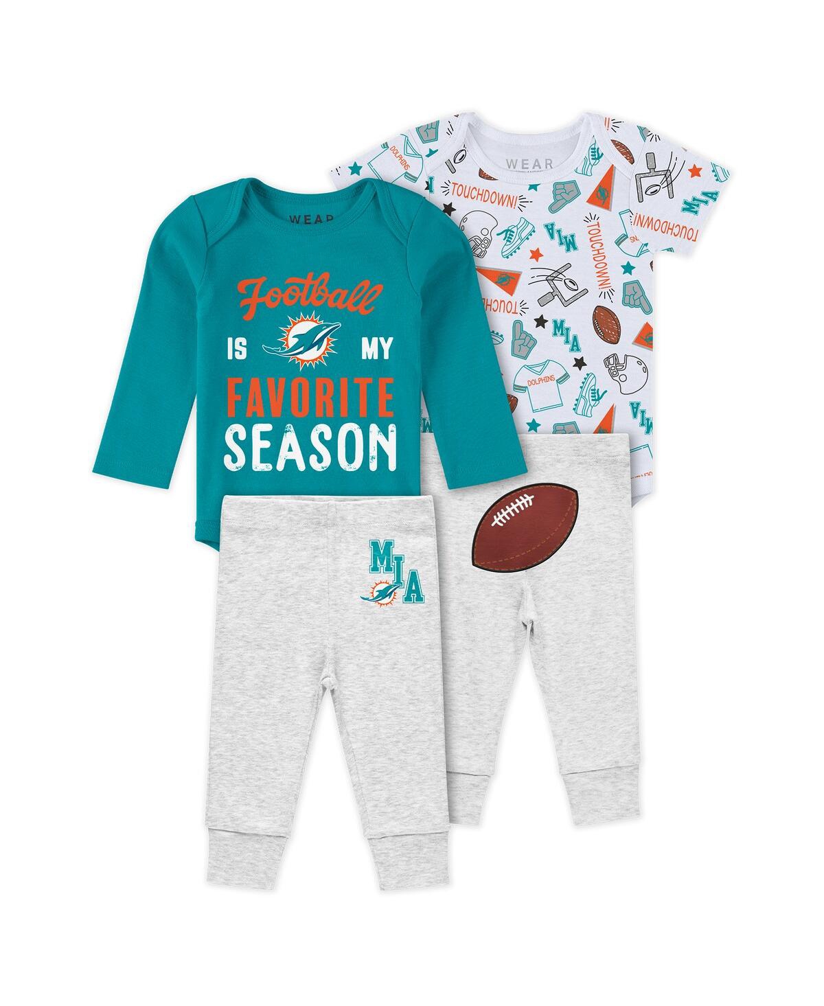 Wear By Erin Andrews Baby Boys And Girls Miami Dolphins Three-piece Turn Me Around Bodysuits Pant Set In Aqua,heather Gray