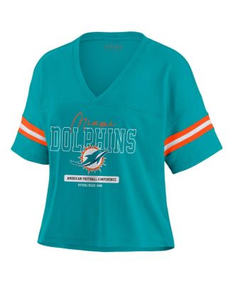 Women's Aqua Miami Dolphins Color Block Boxy Modest Crop V-neck T-shirt